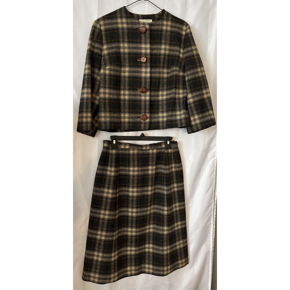 Pendleton Jackets & Blazers - Vtg 1960s‎ Pendleton Wool Plaid Blazer & Skirt Womens Size 16 Brown Wood Buttons